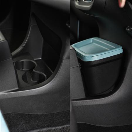 センターコンソールのカッブホルダーの窪み（左）には、脱着式小物入れ（右）が装着可能。ルノー・トゥインゴ