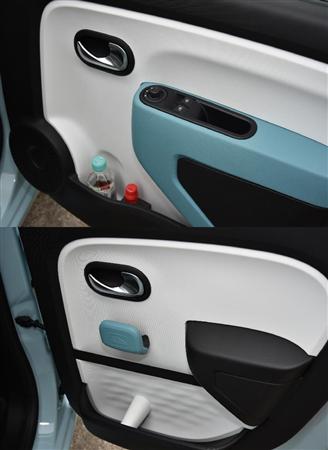 ５００ｍｌの入るボトルホルダー付き前席ドア（上）と後席ドア（下）。ルノー・トゥインゴ