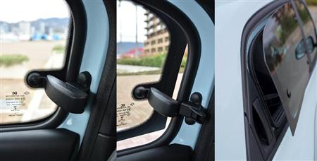 後席窓はＶＷ・ｕｐ！と同じヒンジ式。左から全閉、全開、外からの全開見た目。ルノー・トゥインゴ