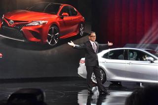 北米国際自動車ショーで記者会見するトヨタ自動車の豊田章男社長＝９日、ミシガン州デトロイト（小雲規生撮影）