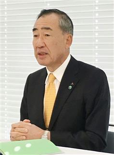 大阪市内で記者会見する三菱電機の柵山正樹社長=19日 大阪市内で記者会見する三菱電機の柵山正樹社長=19日