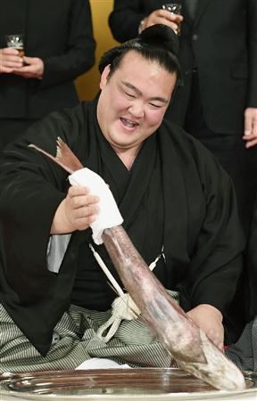横綱に昇進し、笑顔でタイを手にする稀勢の里＝２５日午前、東京都内のホテル