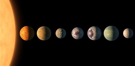 見つかった７個の惑星の大きさの比較と、地表の色の想像図。左端は赤色矮星「ＴＲＡＰＰＩＳＴ１」（ＮＡＳＡ提供・共同）