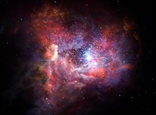 132億年前の銀河の想像図(欧州南天天文台など提供) 132億年前の銀河の想像図(欧州南天天文台など提供)