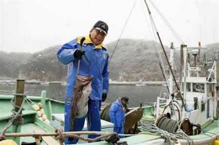 試験操業で取れたアンコウを水揚げする漁師の芳賀文夫さん＝２月９日、福島県いわき市の勿来漁港