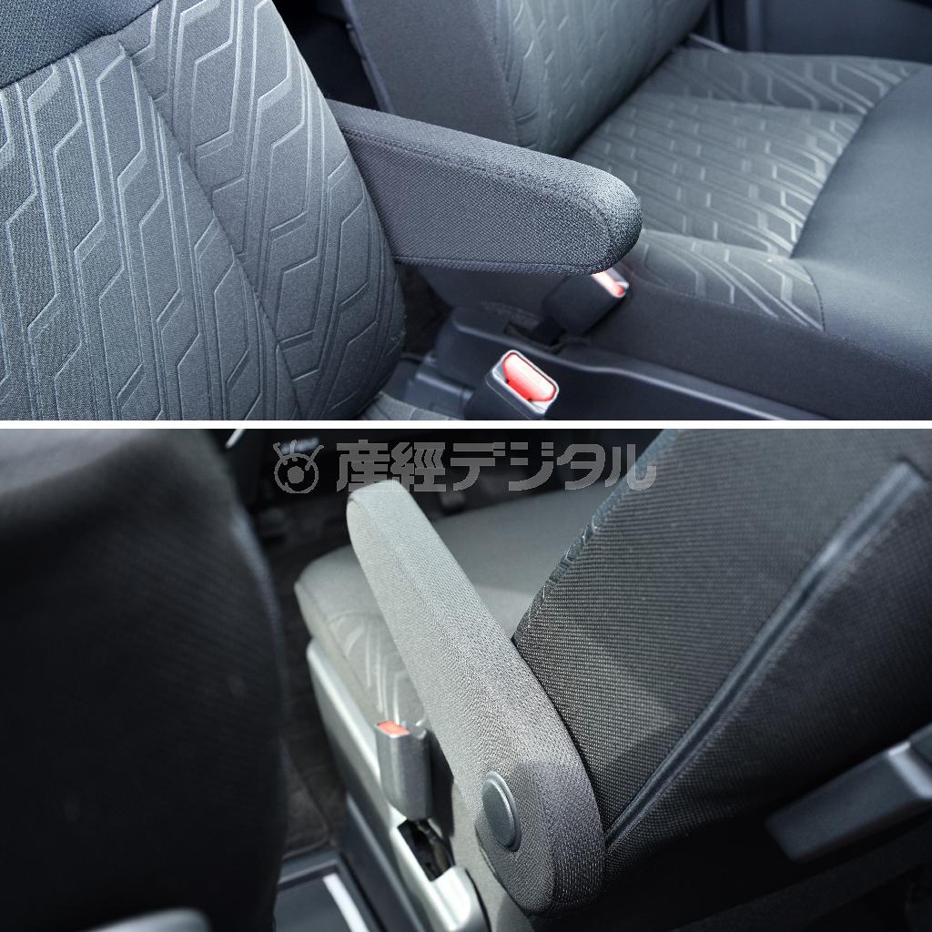 運転席の折りたたみ式アームレスト（上）。後ろから見るとこんな感じ（下）。ダイハツ・トール