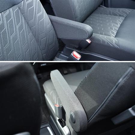 運転席の折りたたみ式アームレスト（上）。後ろから見るとこんな感じ（下）。ダイハツ・トール