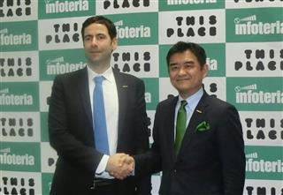 グローバル戦略を加速させるためＭ＆Ａを発表するインフォテリアの平野洋一郎社長（右）とディスプレイスのデュサン・ハムリンＣＥＯ＝東京都千代田区