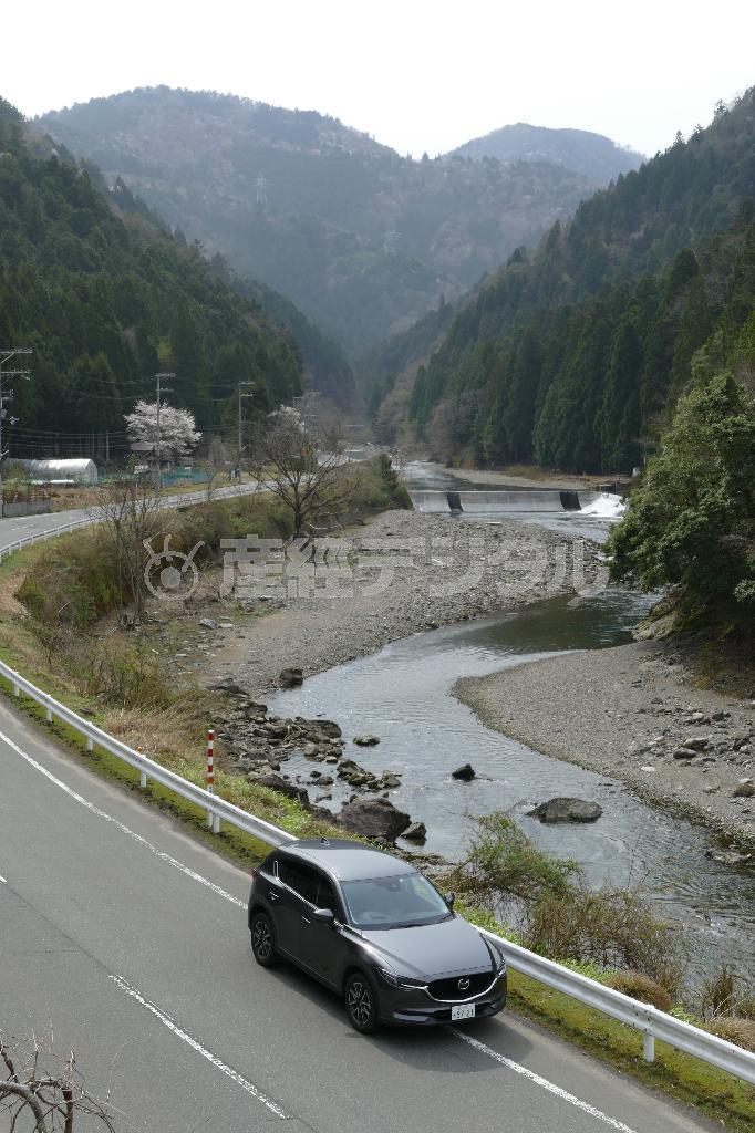 渓流沿いを走る国道４７７号線にて。マツダ・ＣＸ－５