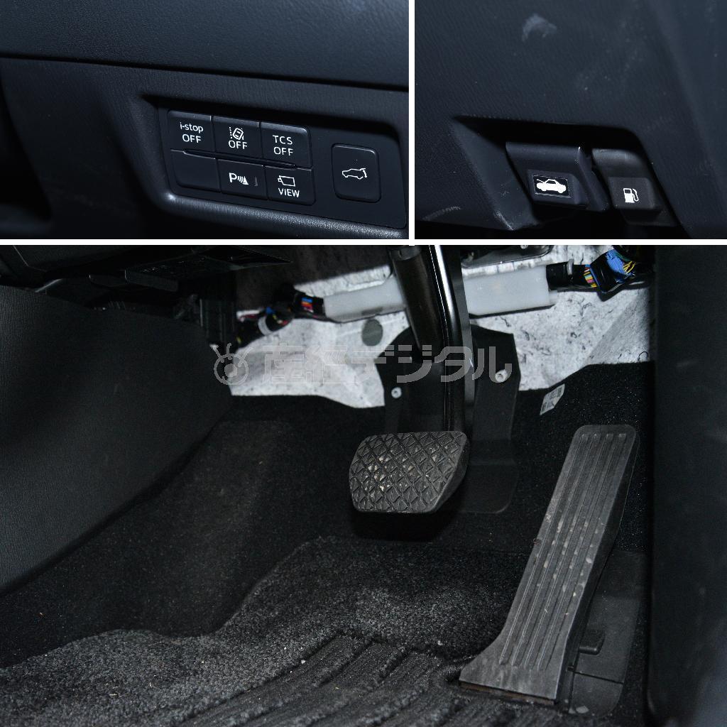 運転席ダッシュボード右下に各種安全機能のスイッチ類（左上）、ボンネット、フュエルリッドの解放レバー（右上）、アクセルペダルは言わずもがなのオルガン式（下）。マツダ・ＣＸ－５