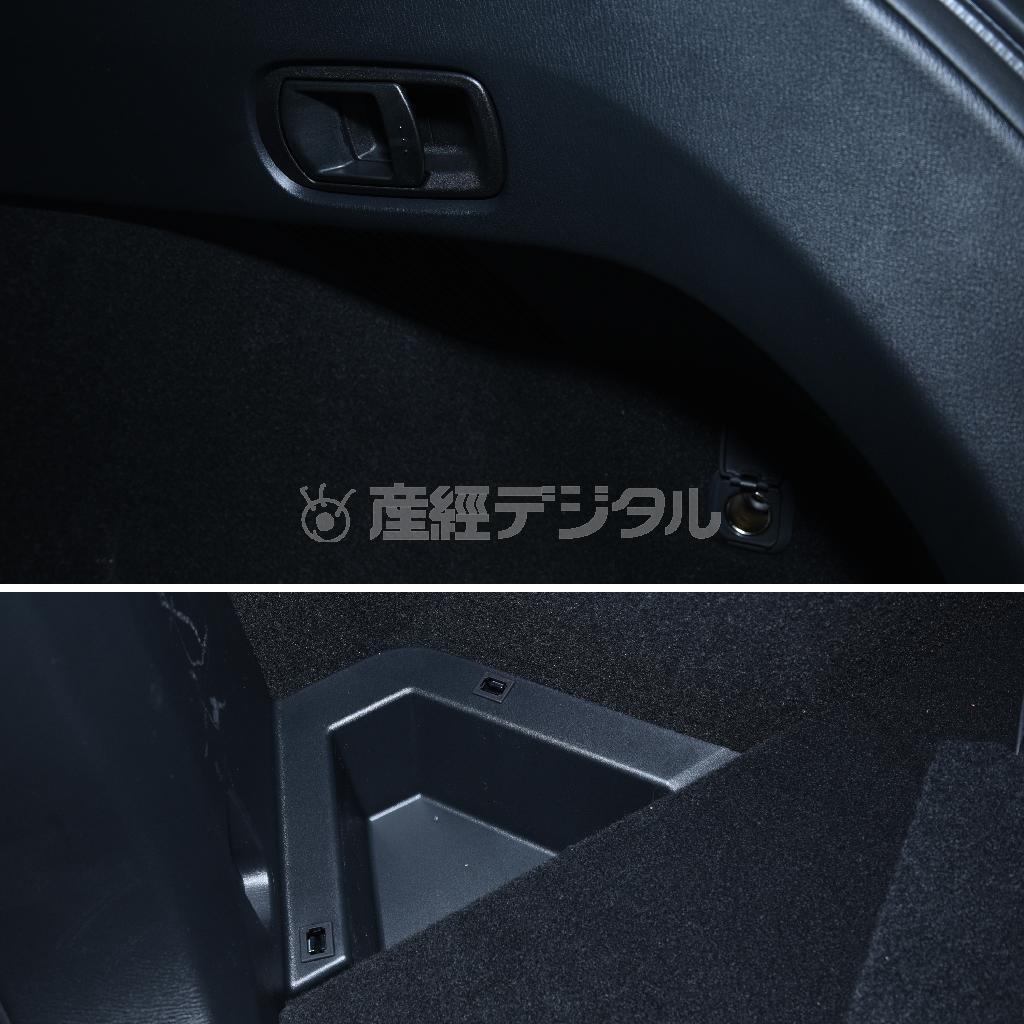 荷室から後席背もたれを倒せる解放レバーとサービスソケットが左右に一つずつ（上）、荷室後端左右に小物入れ。マツダ・ＣＸ－５