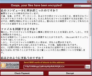 日本語で表示されたランサムウエアの金銭要求画面（カスペルスキー提供）