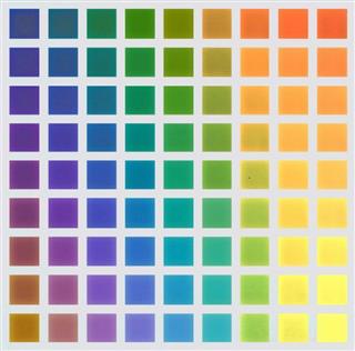 アルミニウムの微細な凹凸でできた色見本の配列表（田中拓男・理化学研究所主任研究員提供）