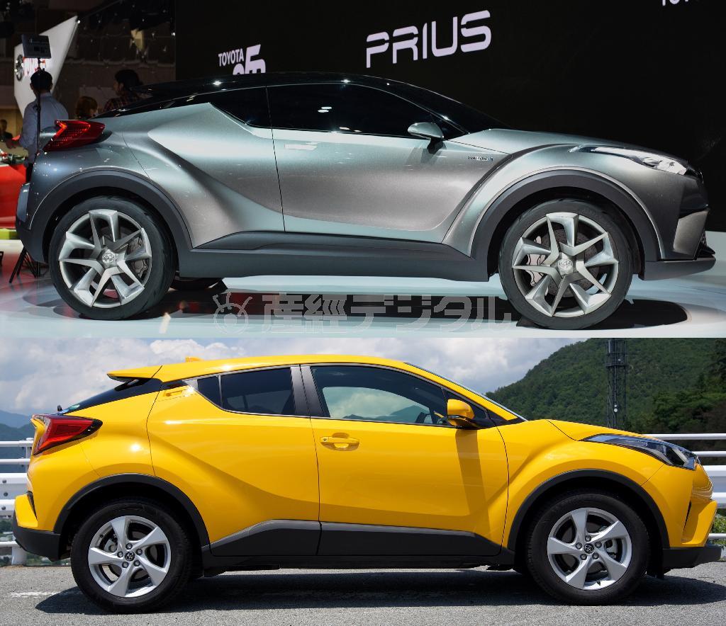 ２０１５年東京モーターショー出展のコンセプトモデル（上）と今回試乗した市販車（下）。コンセプトモデルは一見２ドアに見えるが、よく見るとリアフェンダー上にドアの分割線があるのがわかる。トヨタ・Ｃ－ＨＲ