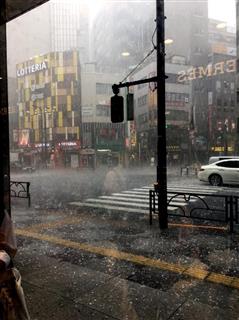 １８日午後３時過ぎ、池袋の西武百貨店前の歩道などに降り注ぐひょう（読者提供）