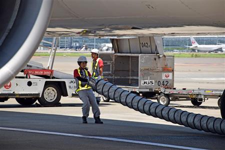 地中から蛇腹状のホースを取り出す酒井さん。これは外部エアコンを供給するためのエアーダクト。駐機中にエンジンを切っているとエアコンが使えないため、地上施設から冷気を送って機内温度を調整する（温風も送風可能）