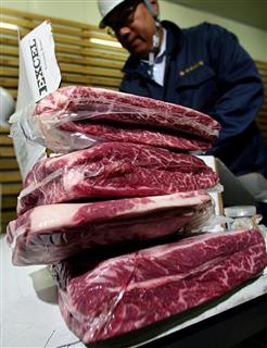 米国産の輸入牛肉を調べる検疫所職員＝成田空港