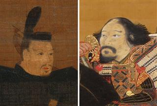 新たに見つかった足利尊氏の肖像画の写し（部分、左）と最近まで尊氏として紹介されてきた「騎馬武者像」（模本）（栃木県立博物館提供）