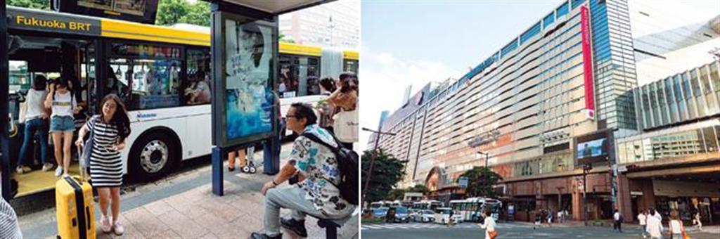 （左）2両のバスを繋げた西鉄の連節バス。利用する外国人観光客も多く見かける。（右）九州全域と、全国主要都市を結ぶ西鉄天神高速バスターミナル。1日の高速バス到着本数は約1500台にも上る（PRESIDENT Onlineより）