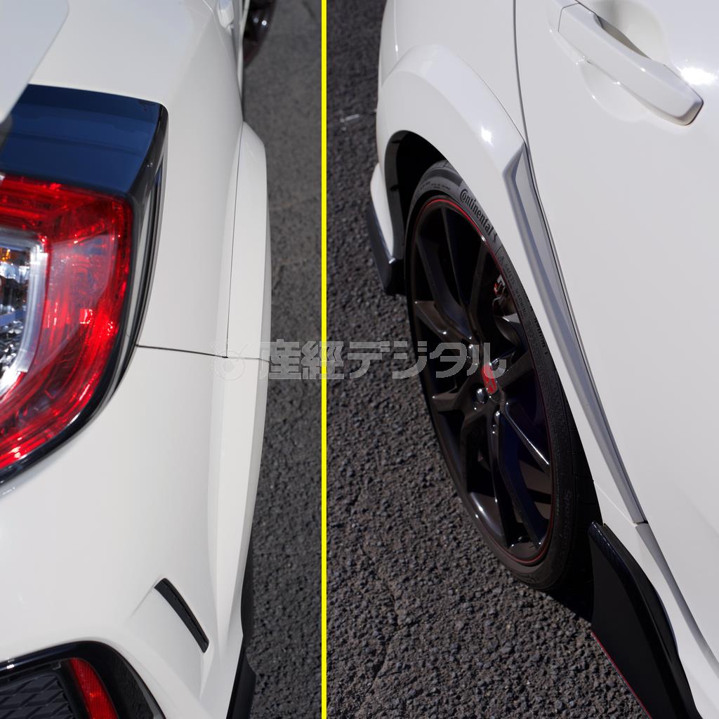 リアフェンダーも少し張り出してます。前から（右）後ろから（左）。ホンダ・シビックＴＹＰＥＲ