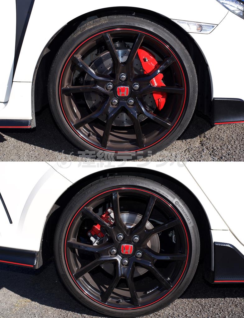 タイヤサイズは前（上）後（下）とも２４５／３０Ｒ２０。“輸入車”らしく銘柄はコンチネンタル。ホンダ・シビックＴＹＰＥＲ