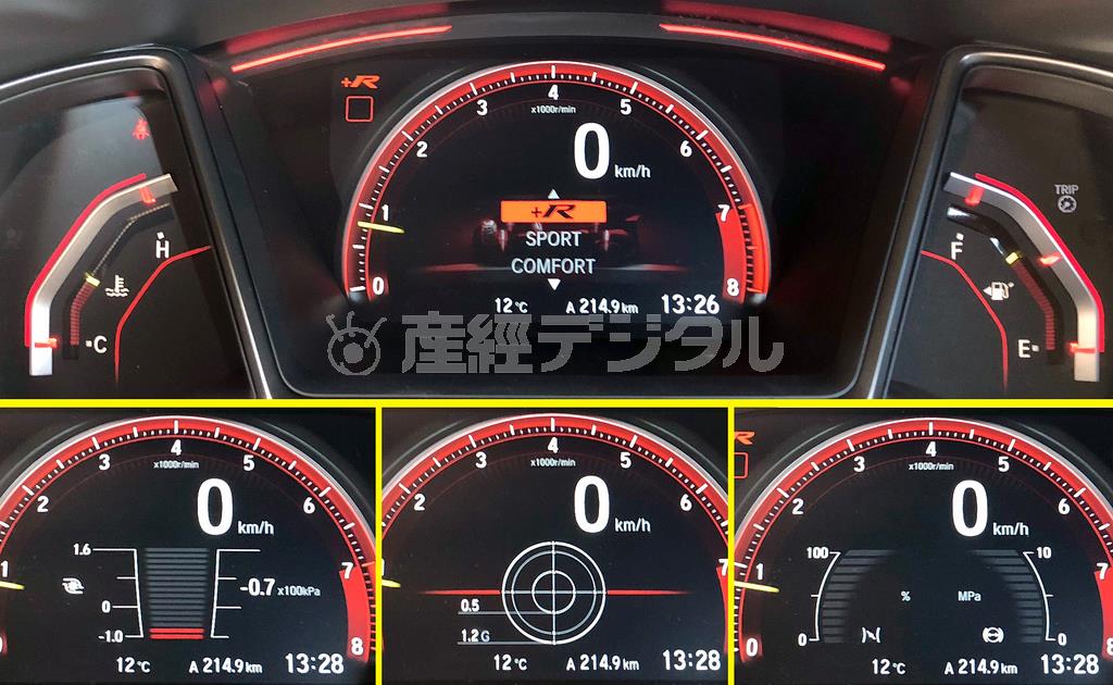 中央のメーターはフル液晶。「＋Ｒ」「Ｓ」「コンフォート」の各ドライブモードごとに色使いが変化。下部もブースト計（下左）、Ｇセンサー（下中）、アクセル開度＆ブレーキ圧（下右）など、スポーツカーらしい指標を切り替え表示可能。ホンダ・シビックＴＹＰＥＲ