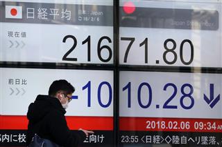 米株式相場でダウ工業株３０種平均が史上最大の下げ幅となり、日経平均株価は一時２万２０００円を下回った＝６日午前、東京都中央区（福島範和撮影）