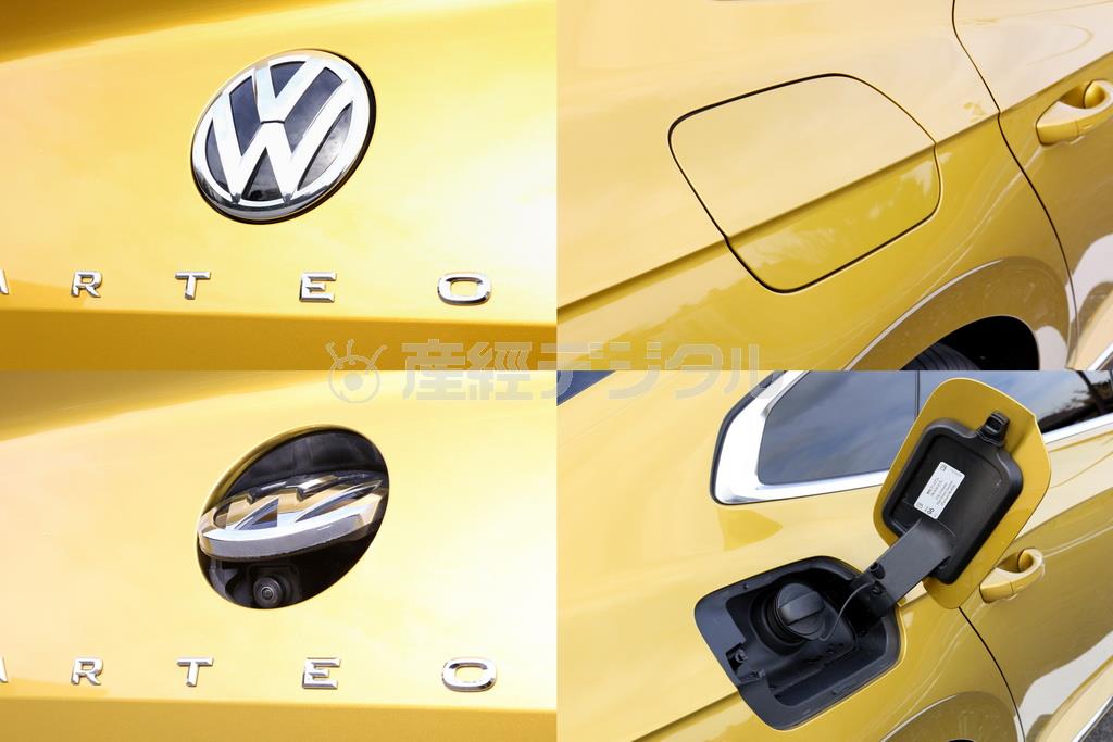ＶＷおなじみ、リアハッチに装備されたエンブレム兼ハッチハンドル兼格納式カメラ。ギアをリバースに入れるとカメラが顔を出す。（左）フュエルリッドはスマートキーを持って近くにいれば常時解除、そのまま手で開けられる。（右）ＶＷ・アルテオン