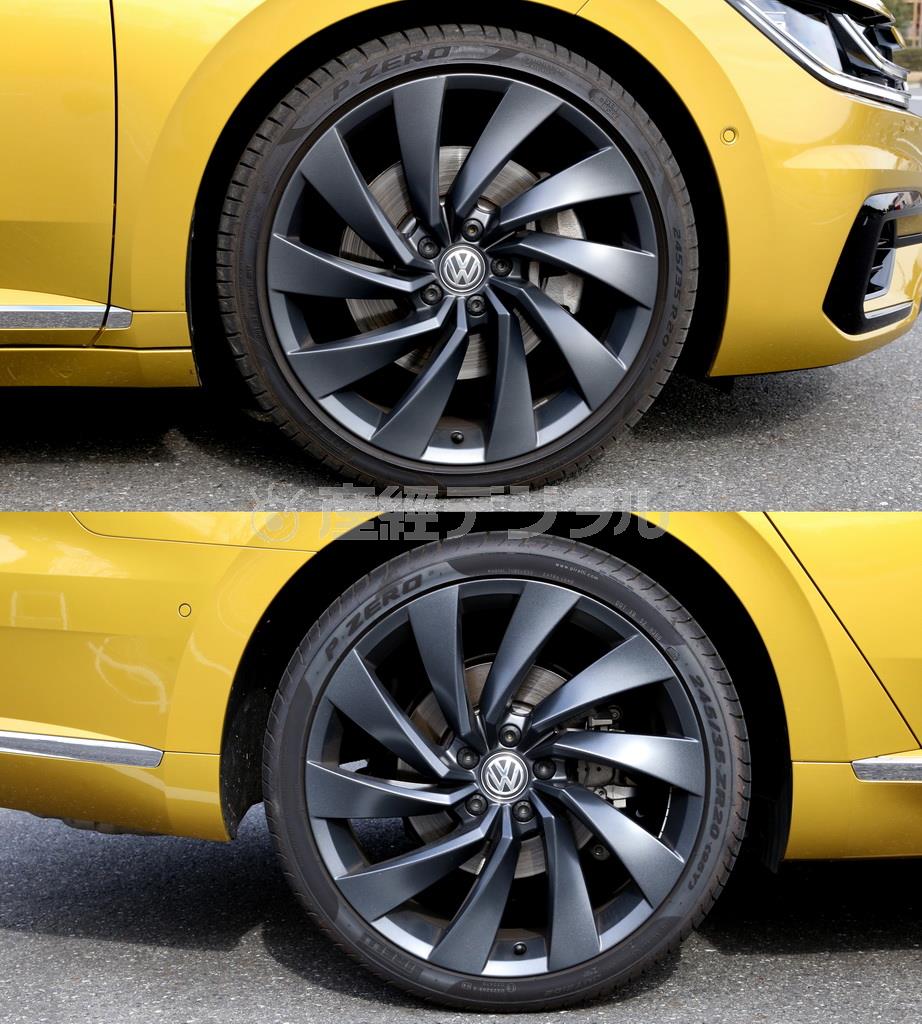 タイヤサイズは前（上）後（下）ともに２４５／３５Ｒ２０と大径かつ低扁平で銘柄はピレリ・Ｐゼロ、とスポーティーな組み合わせ。四輪駆動だけあって、ブレーキディスクのサイズは前後で共通のようだ。ＶＷ・アルテオン