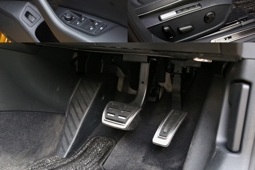 運転席のウインドースイッチ類（左上）とパワーシートのスイッチ。シート位置のメモリーは２つ設定できる。（右上）アクセルペダルが吊り下げ式なのは高級感を阻害していて残念。配置も右ハンドルのＦＦということでやや中央寄り。（下）ＶＷ・アルテオン