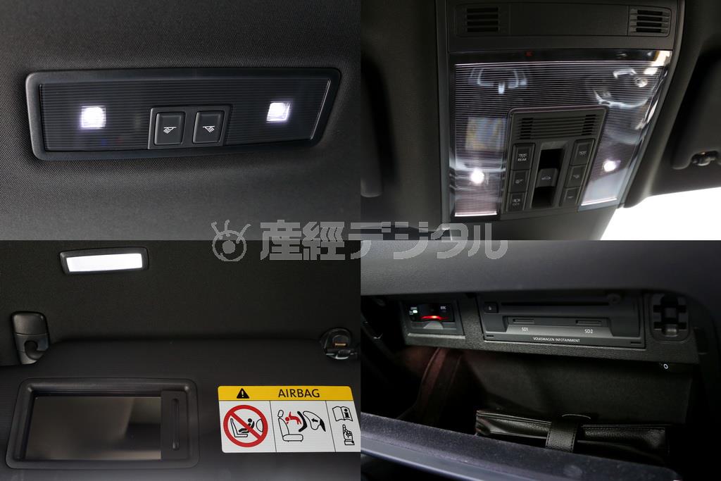 左上から時計回りに後席ルームランプ、前席ルームランプ、助手席ダッシュボード内のＤＶＤドライブとＥＴＣ＆ＳＤカードスロット、サンシェード裏のバニティーミラーとランプ。ＶＷ・アルテオン