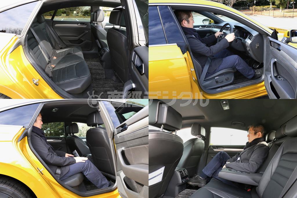 身長１７２センチの筆者が座って広さはこんな感じ。足が組める後席の広さはハイヤー級。背もたれの角度は立ちすぎず寝すぎずの絶妙な角度。後席で長距離移動したくなる快適な座り心地。ＶＷ・アルテオン