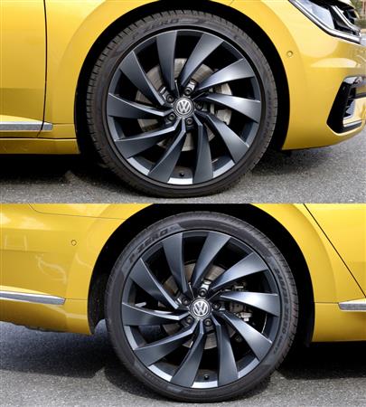 タイヤサイズは前（上）後（下）ともに２４５／３５Ｒ２０と大径かつ低扁平で銘柄はピレリ・Ｐゼロ、とスポーティーな組み合わせ。四輪駆動だけあって、ブレーキディスクのサイズは前後で共通のようだ。ＶＷ・アルテオン