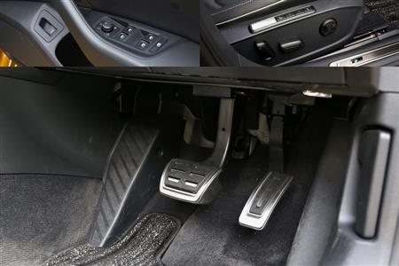 運転席のウインドースイッチ類（左上）とパワーシートのスイッチ。シート位置のメモリーは２つ設定できる。（右上）アクセルペダルが吊り下げ式なのは高級感を阻害していて残念。配置も右ハンドルのＦＦということでやや中央寄り。（下）ＶＷ・アルテオン