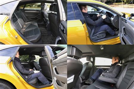 身長１７２センチの筆者が座って広さはこんな感じ。足が組める後席の広さはハイヤー級。背もたれの角度は立ちすぎず寝すぎずの絶妙な角度。後席で長距離移動したくなる快適な座り心地。ＶＷ・アルテオン