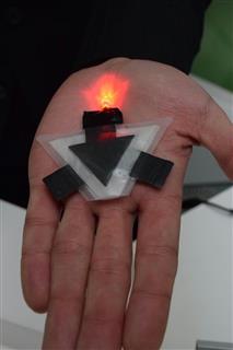 ＮＴＴが開発したツチニカエルでんちによって、ＬＥＤ電球が灯っている＝１９日、東京都武蔵野市