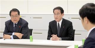 カジノを含む統合型リゾート施設（ＩＲ）実施法案に関する与党協議に臨む自民党の岸田文雄政調会長（中央）と公明党の石田祝稔政調会（左）＝３日午後、東京・永田町の衆院第二議員会館（撮影・春名中）