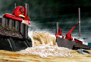 技研製作所が高知県と取り組み始めた災害時緊急対応のイメージ図。破堤した河川堤防をインプラント工法でせき止める