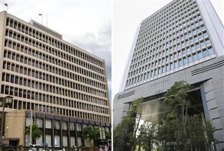 長崎市の十八銀行（左）と福岡市のふくおかフィナンシャルグループの本社＝１日