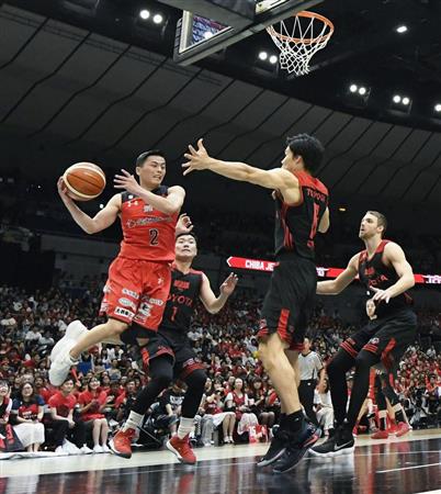 【Ａ東京－千葉】Ｂリーグチャンピオンシップ決勝第１クオーター、コースをふさがれる千葉・富樫（左端）。惜しくも優勝はならなかった＝２６日、横浜アリーナ