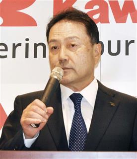 決算会見で説明する川崎重工業の金花芳則社長=30日午後、東京都港区 決算会見で説明する川崎重工業の金花芳則社長=30日午後、東京都港区