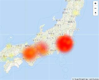 ソフトバンクで携帯電話が通じないとの情報が多数。ネットサービスの接続障害状況を表示するサイトで、日本各地が赤く示された＝６日午後２時１５分
