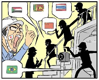 第５回「現場川柳」の大賞作品「５カ国語タダで学べる我が職場」（ミス現場さん作）のイメージ（オプテックス・エフエー提供）