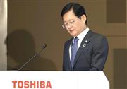 決算内容について説明する東芝の車谷暢昭会長兼ＣＥＯ＝１３日午後、東京都港区の東芝本社