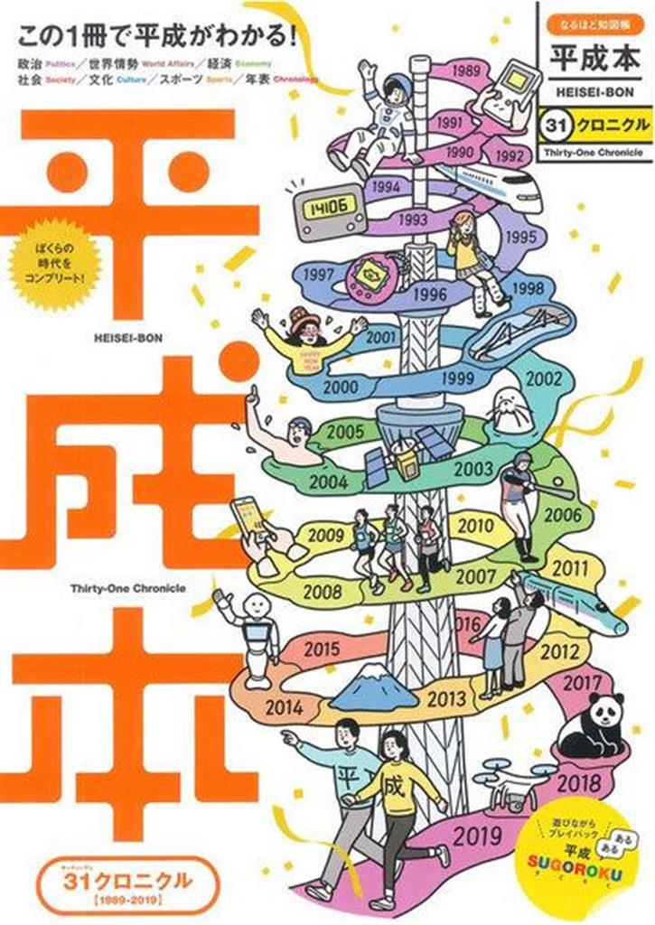 『なるほど知図帳 平成本』（昭文社）。1989年～2019年の間に起こった出来事を、政治・国際情勢・経済・災害・事件・ヒット商品・音楽・映画・スポーツなど、各種分野ごとに紹介している