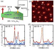≪図　ＳＴＭ／ＳＴＳを用いたトンネルスペクトル測定とその結果≫（ａ）ＳＴＭで量子渦におけるトンネルスペクトル測定の様子。（ｂ）ＳＴＭで観測された１テスラの磁場下における量子渦像。１８個の明るいスポットが量子渦である。（ｃ）（ｂ）の量子渦－＃１におけるトンネルスペクトル。赤点は実験結果、赤線は実験結果をマルチローレンツフィッティングした結果。青線は各ピークのフィッティング結果。赤矢印で示したピークは、印加電圧がゼロ、すなわちエネルギーがゼロの束縛状態である。（ｄ）（ｂ）の量子渦－＃２におけるトンネルスペクトル。赤点、赤線、青線は（ｂ）と同じ。エネルギーがゼロのピークは見られない。