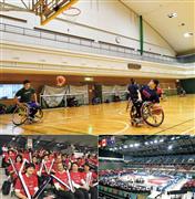 （左下）車椅子バスケ応援のために、会社全体で赤い応援Tシャツを制作。「試合のとき、会場がこの赤に染まるのを見るのが何より力になります」と北間さん