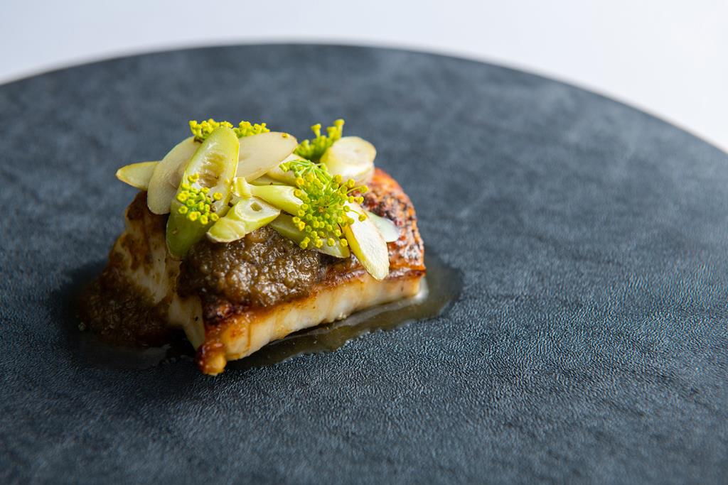 地域によっては幻の魚とも言われるイシナギ。八甲田山まで取りに行ったという根曲がり竹のソテーを添えるこだわりよう