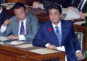 参院本会議に臨む安倍晋三首相と麻生太郎副総理兼財務相（左）＝８日午前、国会（春名中撮影）