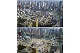 閉鎖された築地市場跡地＝平成３０年１０月（上）。下は建物の解体が進む跡地＝１日